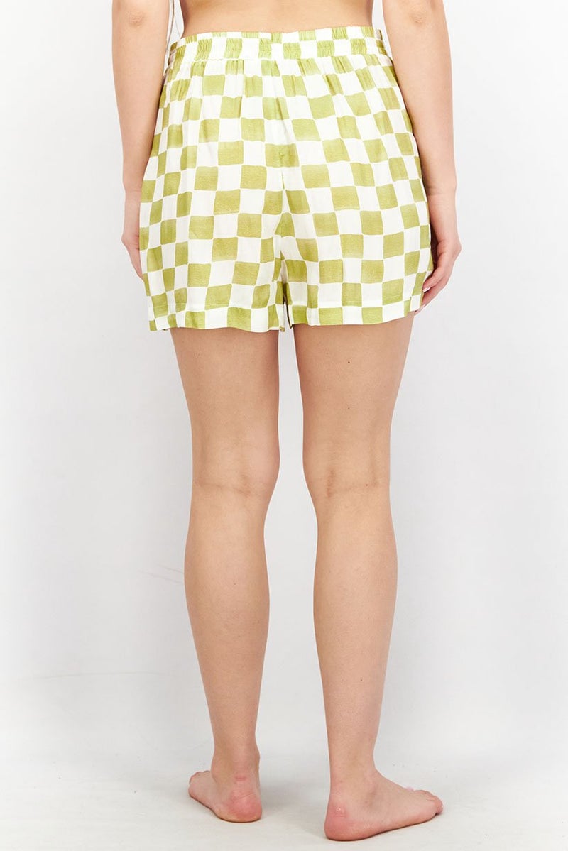 Reserved Women Checkered Basic Shorts, Green and White - Image 3